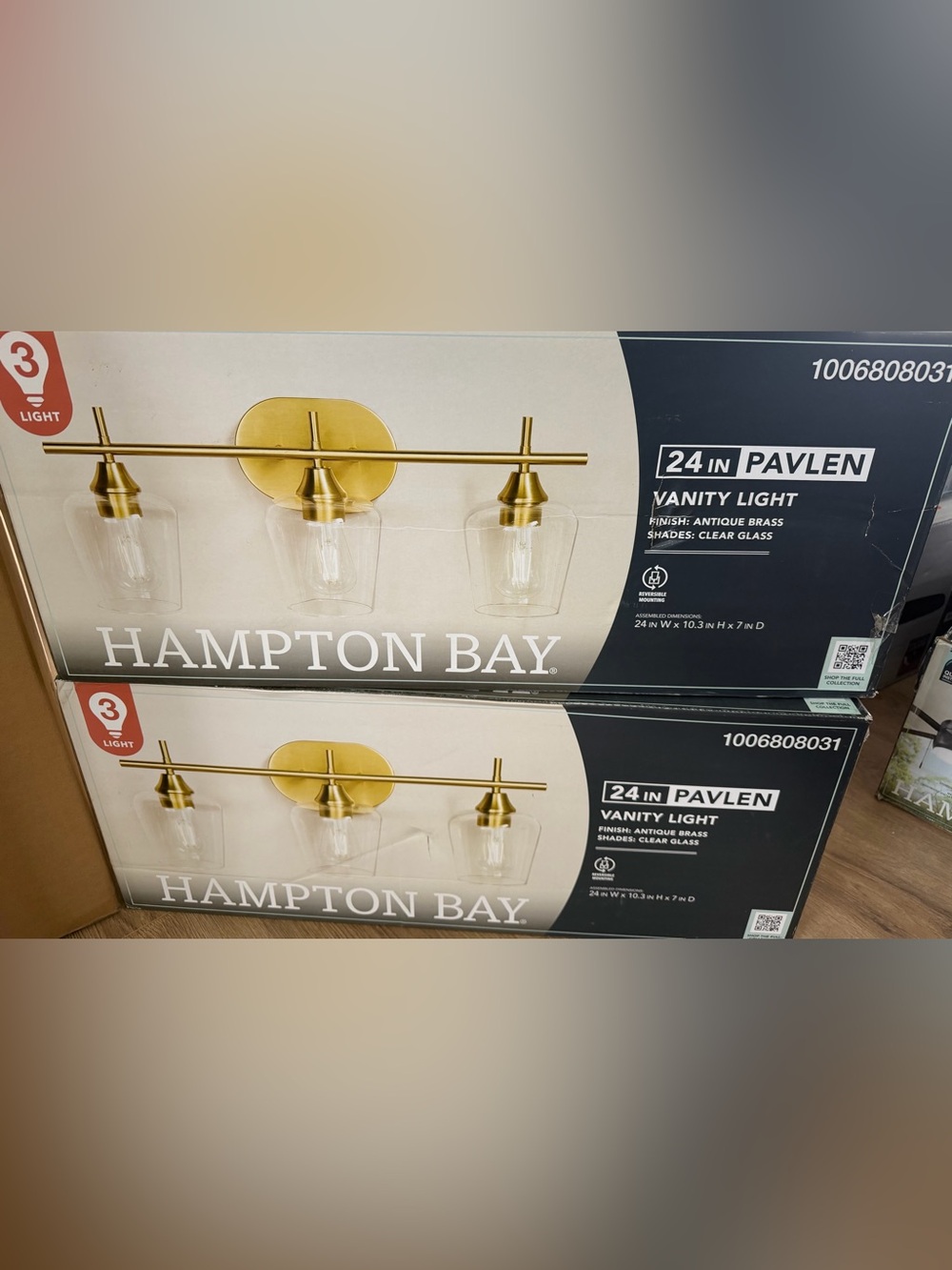 New Hampton Bay Pavlen Antique Brass Vanity Light with Clear Glass